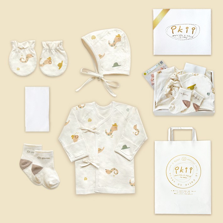 이키 유아용 오가닉 배냇저고리 5종 출산 선물 포장 세트 사계절용 뱀 긴소매  쇼핑백
