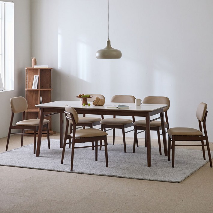 루리 세라믹 원목식탁 6인용 1800  의자6p 세트 방문설치, 월넛프레임, 의자, 베이지상판, 일반의자 6
