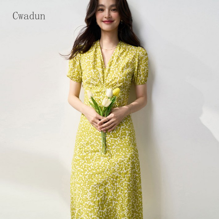 Cwadun 여름 신상 작은 꽃무늬 하이웨이스트 V넥 원피스 AB070