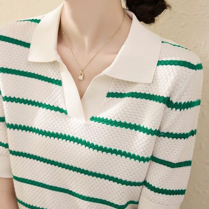 여성 카라넥 반팔니트 루즈핏 날씬해 보이는 스트라이프 얇은 스웨터 티셔츠 L80402