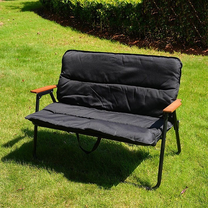 캠핑 휴대용 더블 벤치 접이식 체어 의자, 1개, 더블 쿠션 체어 블랙