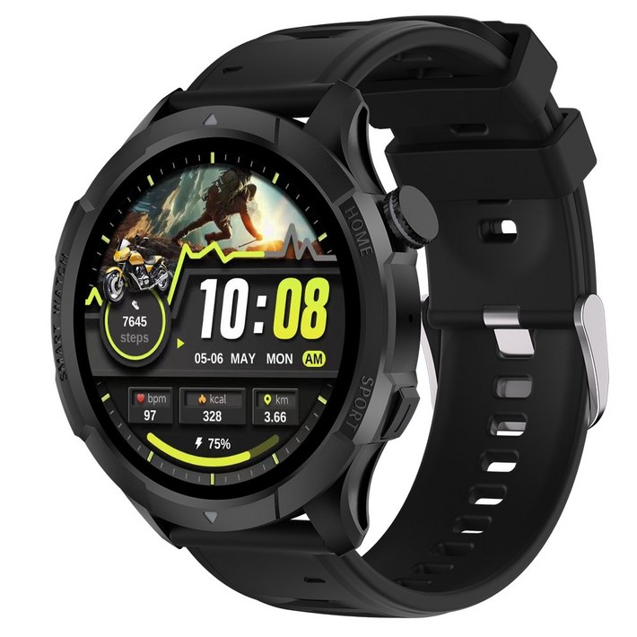 Wapik 블루투스 통화 스마트워치 ST10 1.43인치 아몰레드 고화질 SOS통화 AI운동인식, GPS  블루투스, 3.6cm, 블랙