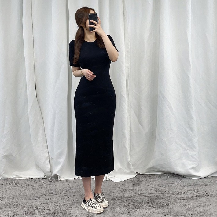 VANANA2 라운드넥 슬림핏 옆트임 골지 반팔 롱원피스 3color VANANA2 라운드넥 슬림핏 옆트임 골지 반팔 롱원피스 3color