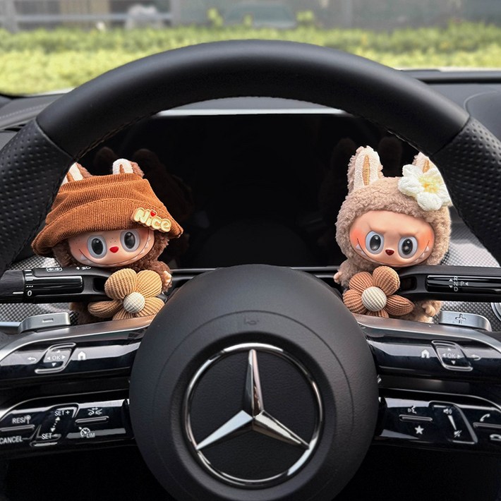 【라부부 인형】 자동차 기어 장식 인형 차량용 와이퍼 방향등 장식 피규어 포포마트풍 차량 인테리어 소품, 어부 모자 니스  밤나무 코코  데이지 꽃 갈색 꽃