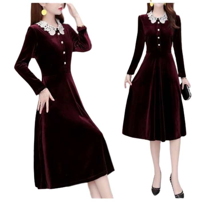 77우먼스 여성 럭셔리벨벳원피스 루즈핏 편안한 빅사이즈 무지  롱 데이트룩 데일리룩  사계절용 원피스 이월 이월상품 럭셔리 벨벳 원피스 리현커머스