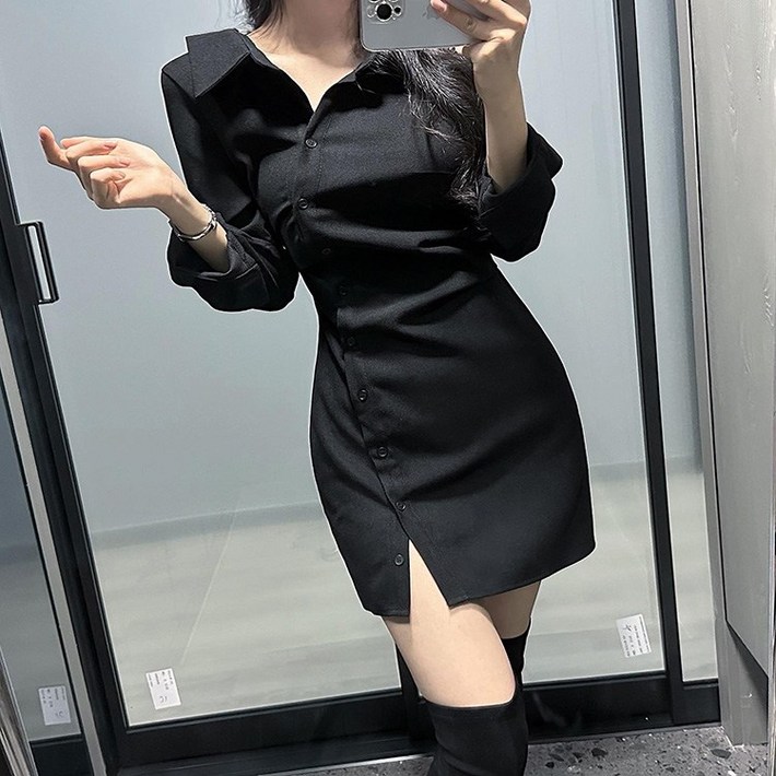 예쁨시전 언발 사선 카라넥 봄가을 버튼 미니 셔츠 랩 원피스