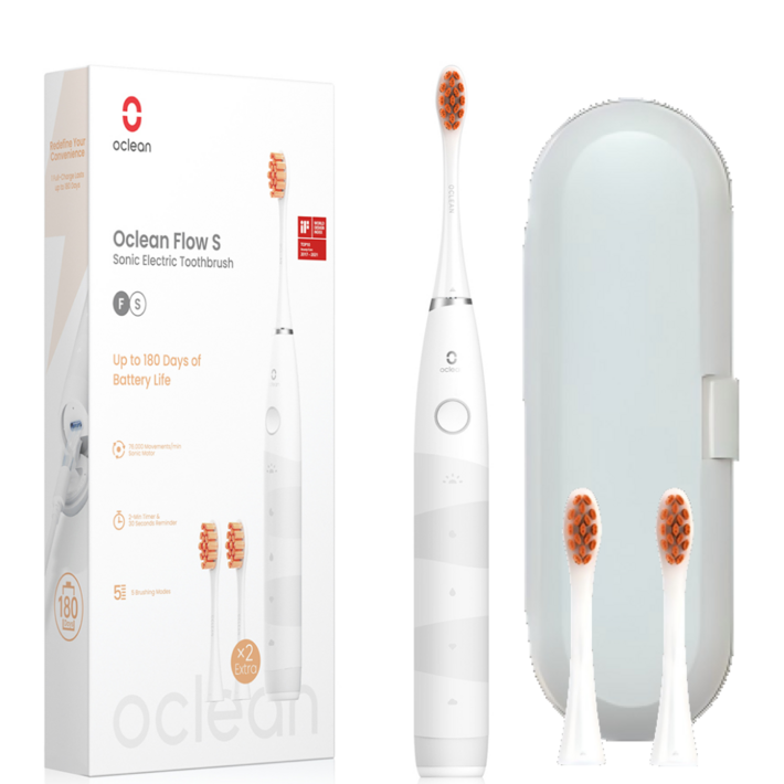 오클린 Oclean Flow 음파전동칫솔본체칫솔모 3개 1년 2번만 충전 분당 76000회 IPX7방수, 화이트, 1세트, 화이트여행 케이스 포함