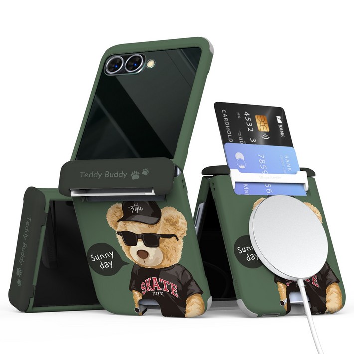 이디즌 갤럭시 Z플립 케이스 컬러 테디시리즈 귀여운 디자인 슬림 카드 2장 수납 힌지보호 충격방지 맥세이프 호환 자석내장