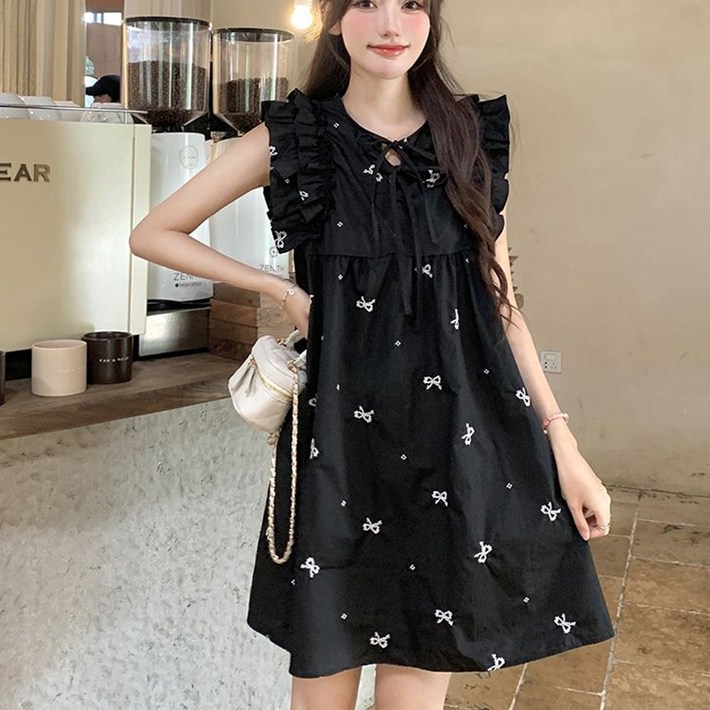 besteffie 여성용 여름 귀여운 리본타이 장식 프릴 민소매 면 미니원피스 여름원피스 K71 besteffie 여성용 여름 귀여운 리본타이 장식 프릴 민소매 면 미니원피스 여름원피스 K71
