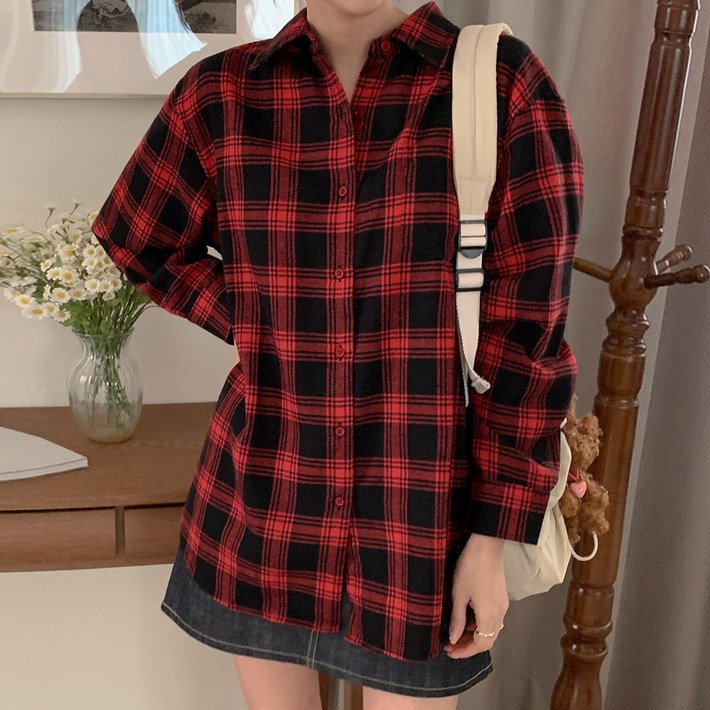 오버나인 여자 여성 캐주얼 스탠다드 기모 체크 셔츠 남방