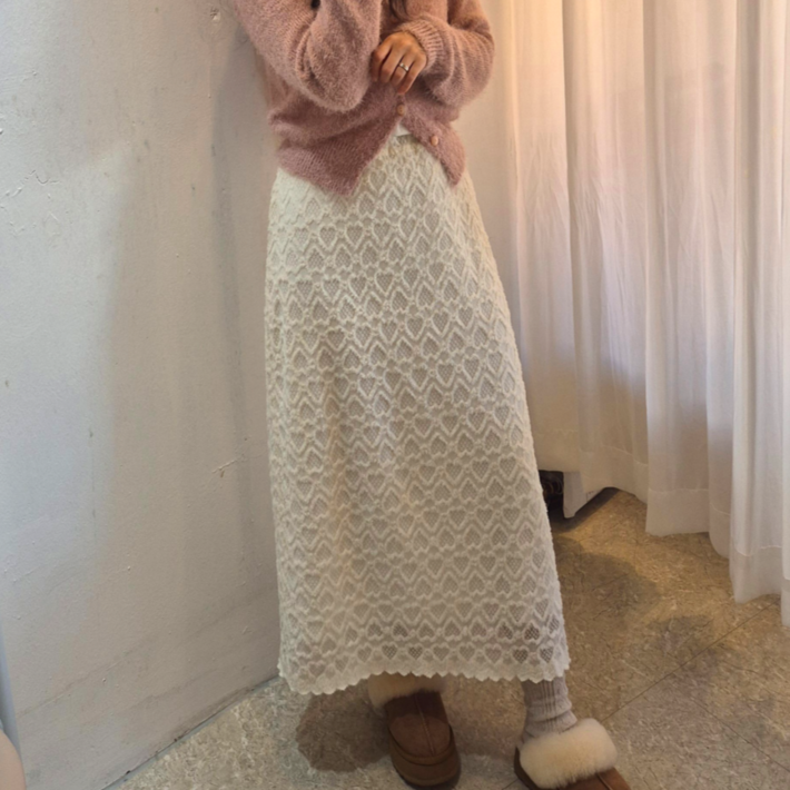 스타일원 여성 밴딩 펀칭 기모 안감 레이스 롱 스커트 치마