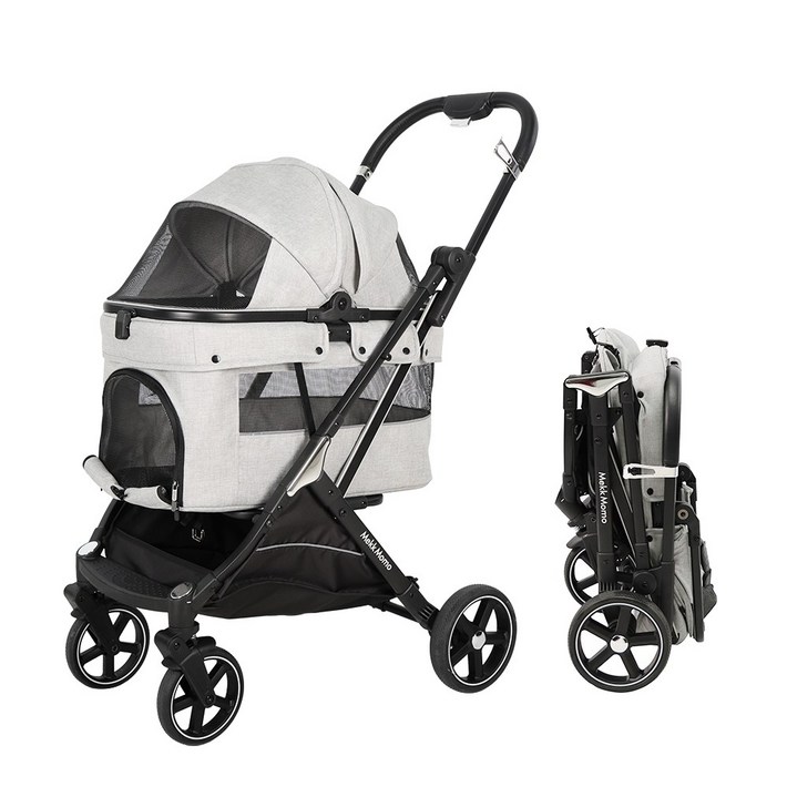 MekkMomo 강아지 유모차 접이식 대형견 휴대용 개모차 20kg까지 4륜 충격흡수 방수통풍 1초 접기180도조절분리세탁, 비관적, 개