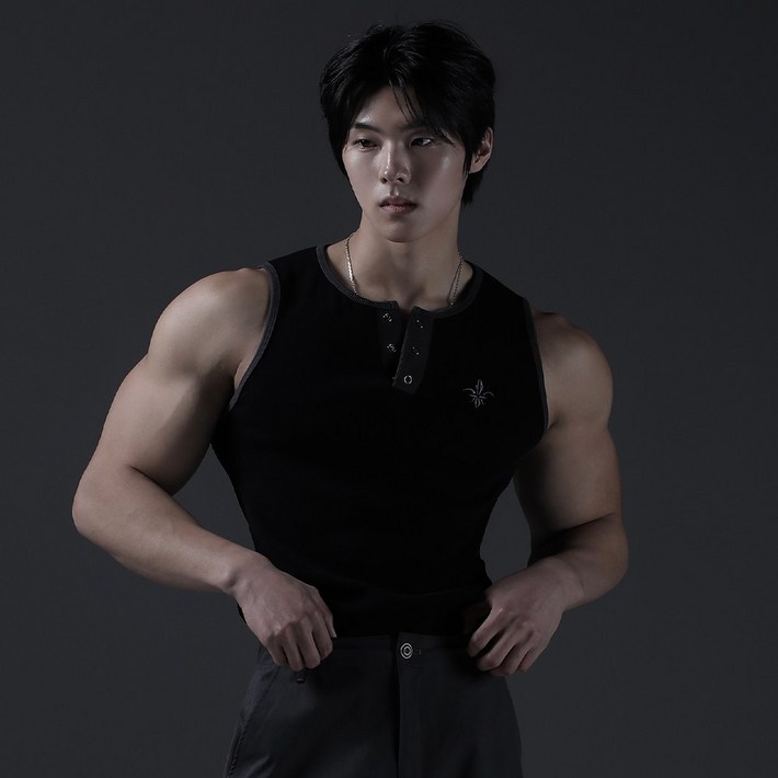 카미드 투톤 헨리넥 나시 머슬핏 슬리브리스