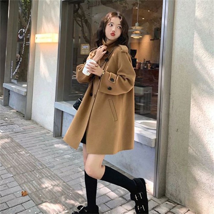 AOKADA 여성 겨울 오버핏 모직 하프 케이프 코트