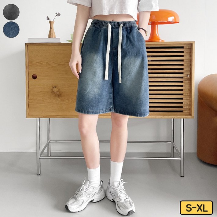 바비팩토리 여성용 데님 워싱 5부 버뮤다 밴드 반바지 팬츠