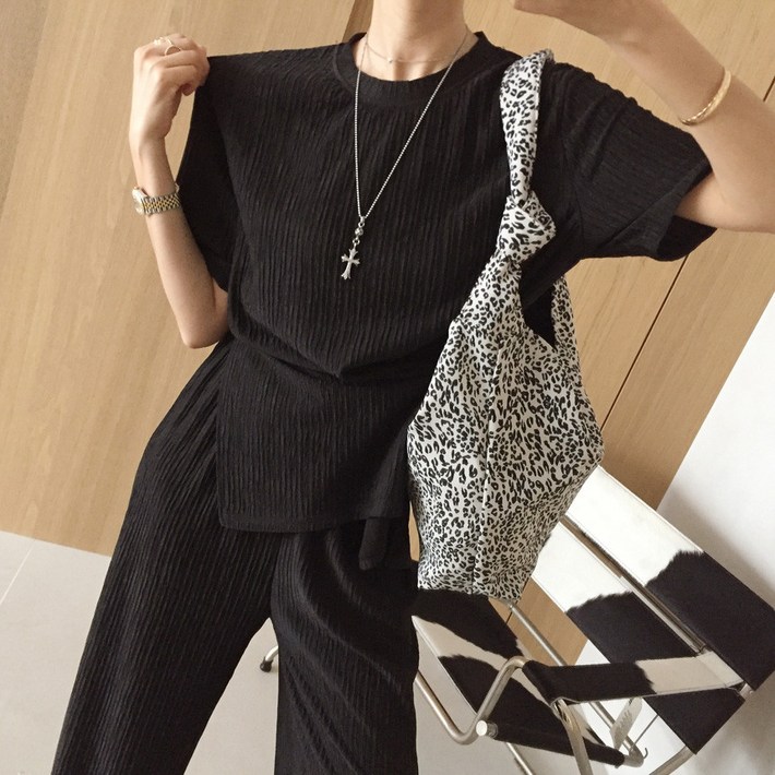 아이미마인 굿데이 링클프리 라운드 언발단추 반팔티 밴딩 와이드팬츠 여름 투피스세트 4color