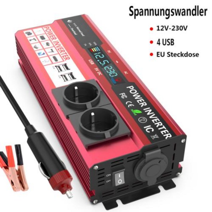 인버터 12V 220V 4000W 전원 LCD 디스플레이 EU 소켓 태양광 듀얼 USB 빠른 충전 전화 노트북 자동차
