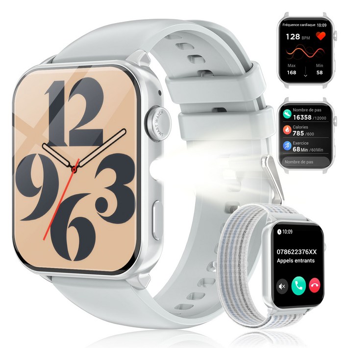 IOWODO R30MAX 스마트워치 1.91인치 HD 곡면 디스플레이 수면 추적 AI 음성 비서 LED 손전등 100가지 이상 운동 모드 지원 IP68 방수, 회색, 3.7cm, 블루투스