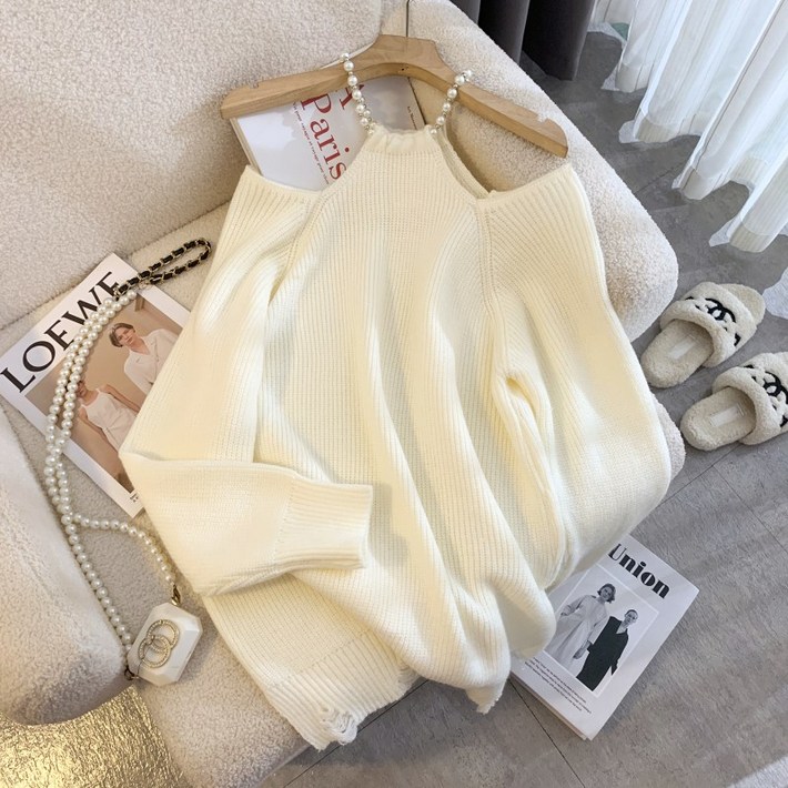 해피유통   여성용 오프숄더 진주 체인 니트 스웨터 긴팔 슬림핏 세련된 디자인 가을 겨울 편안한 착용