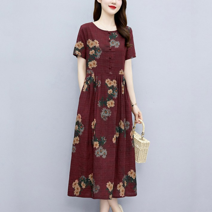 Skyciky린넨원피스 여 여름 신상 빈티지 중년 엄마 기질이 배를 가리고 날씬해 보이는 빅사이즈 플라워 스커트NN232