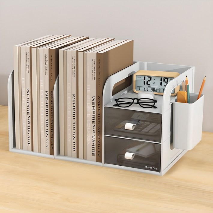 마켓플랜 심플 2단 데스크탑 다용도 책꽂이 서랍 정리함