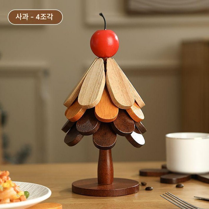 이오라 다용도 우드 트리 냄비 받침대 4P, 1개, 애플 레드