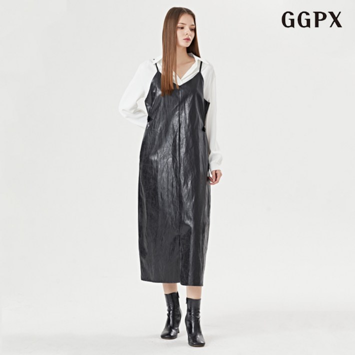 GGPX 레더 뷔스티에 밑단 절개 루즈핏 롱 원피스 (GOCOW031D)
