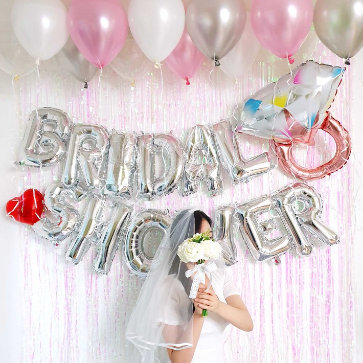 파티온 브라이덜샤워 파티커튼세트, 이니셜실버파티커튼실버반지풍선골드