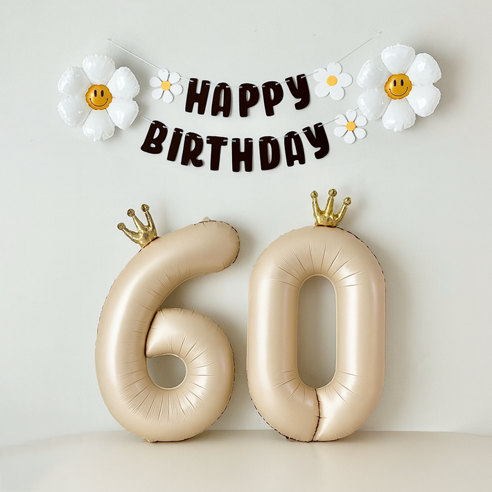 해피제이니 환갑이벤트 데이지 숫자풍선 환갑 칠순 생일 파티용품 세트, 1세트, 베이지왕관60