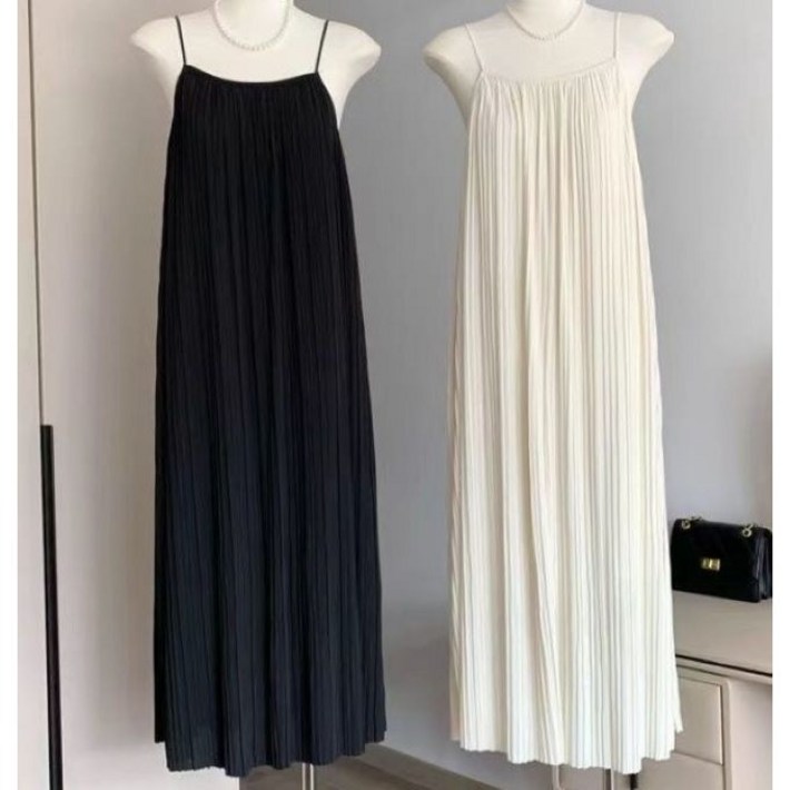 여름 플리츠 끈 롱 원피스 슬림핏 바캉스 데일리 원피스 블랙화이트