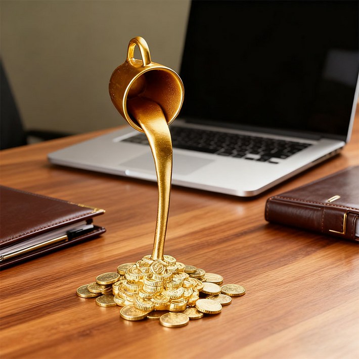 Sunwer 풍수 재물 커피컵 동전 데코 장식품 사업운 성공 운식 집들이 개업 선물 사무실 책상 소품, 금색