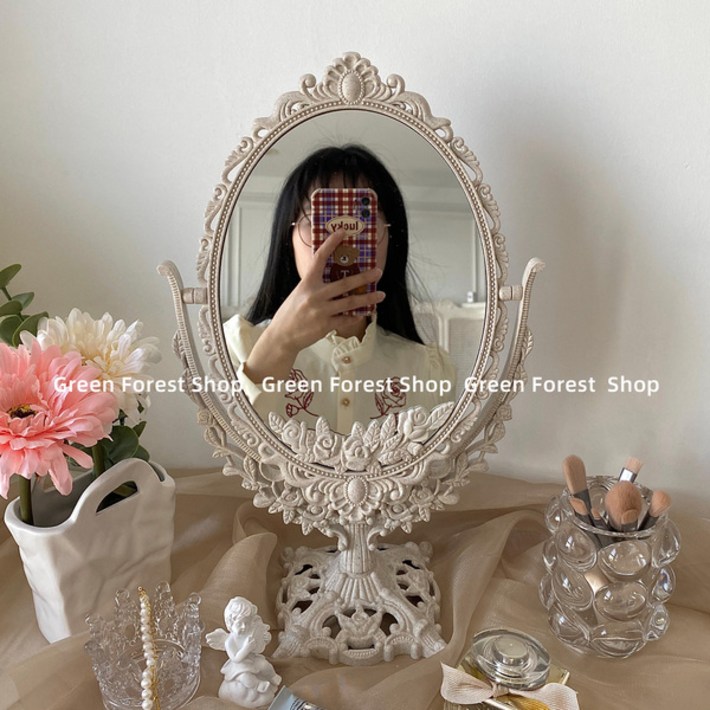 백설 공주 화이트 빈티지 엔틱 탁상 화장 회전 거울