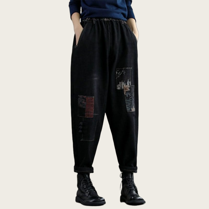 Makone 여성 가을 겨울 스판 패치 프린트 청 배기 팬츠