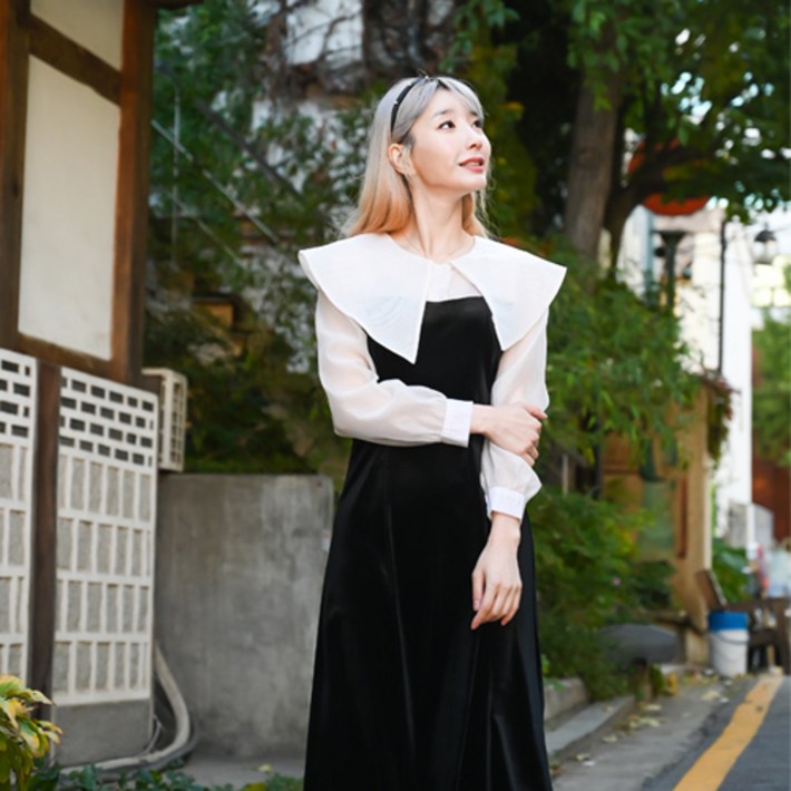 골반39 벌룬 슬리브 빅카라 뷔스티에 레트로 햅번 투피스
