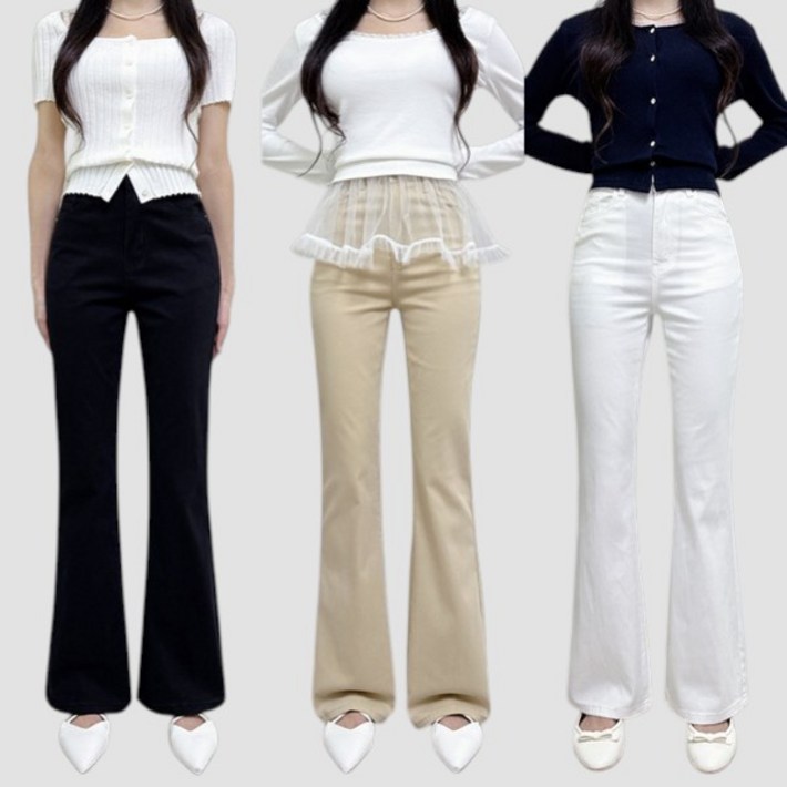 제이엠스타일 숏,롱 S2XL 봄여름가을 실크같이 부드럽고 가벼운 착용감 여성 스판 세미 부츠컷 면바지 여자 빅사이즈 나팔 팬츠 키작녀 키큰녀 청바지
