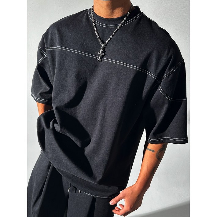 럭비 스티치 무지 반팔 빅사이즈 오버핏 남자반팔티 레이어드 남자큰옷 덩치큰남자옷 4XL