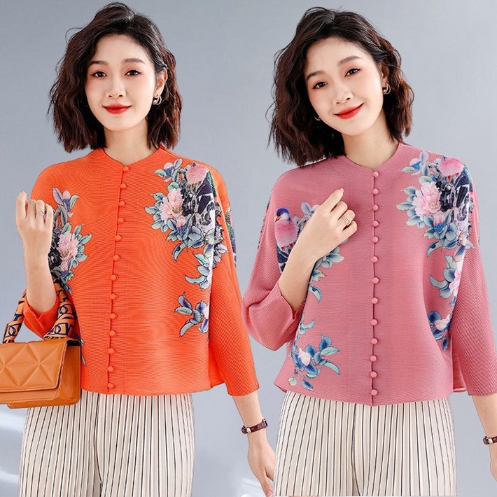 RCLET 여성 플리츠 블라우스 오버핏 라운드티 숏가디건 프린팅 긴팔 주름옷 데일리