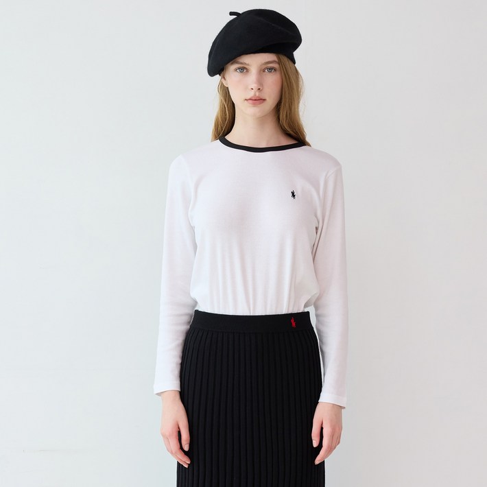 라파클럽 여성 배색 립 골지 긴팔 풀오버 티셔츠