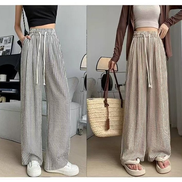 JOY네 스트라이프 여성 일자 여름 우븐 트레이닝 롱 긴 통 바지 츄리닝 와이드