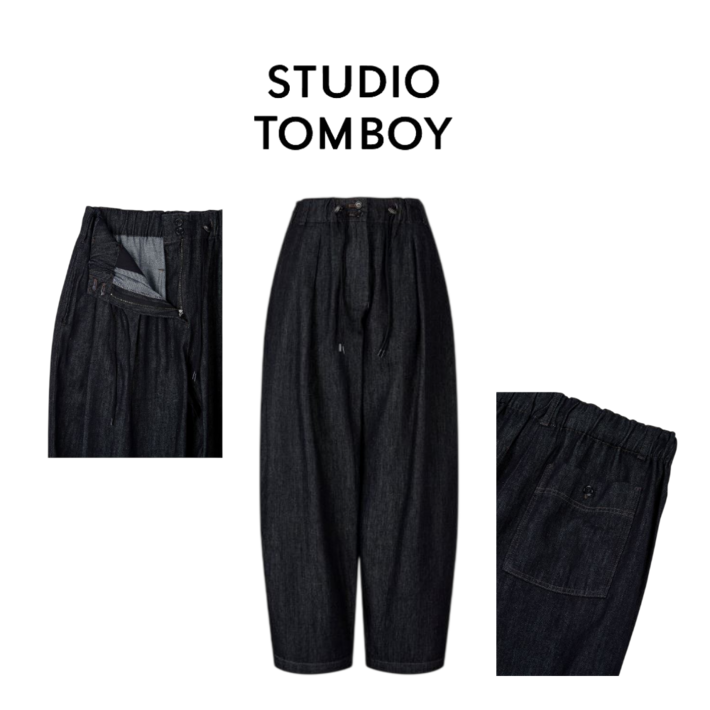 백화점발송스튜디오톰보이 여성용 청바지 다크네이비 스트링 와이드핏 데님 팬츠 긴바지 밴딩 캐주얼 데일리
