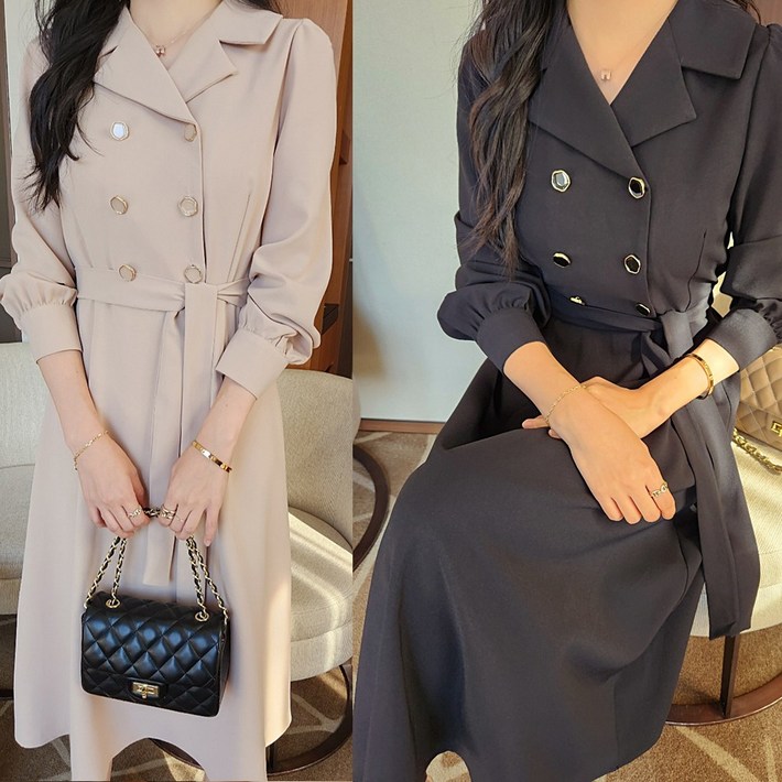 테일러드 허리끈 블라우스 더블버튼 원피스