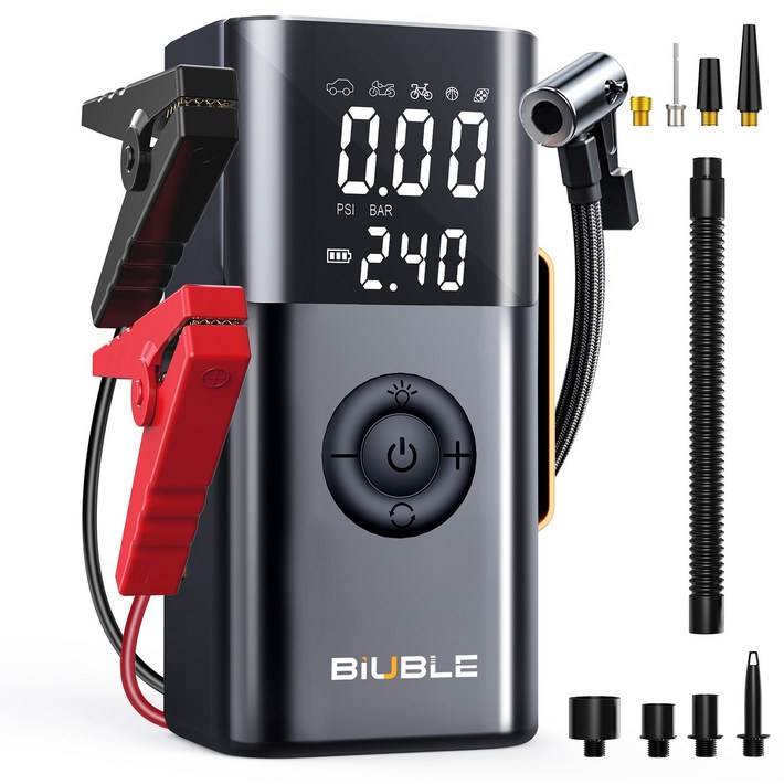 BIUBLE 3000A 자동차 점프스타터 6in1 에어펌프 공기 압축기 송풍기 대용량 보조배터리 타이어 공기압 주입기12V, 12400mAh, 1개