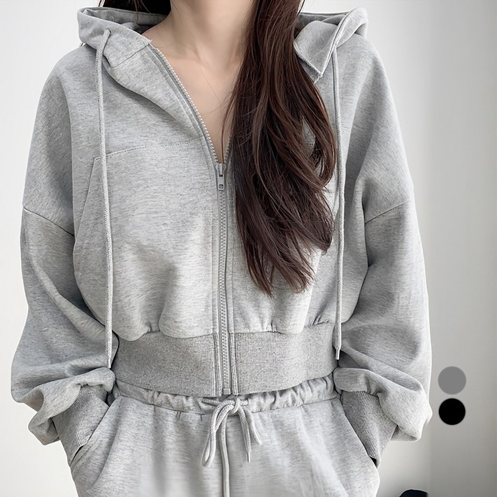 매드문 여성용 크롭 무지 후드 집업