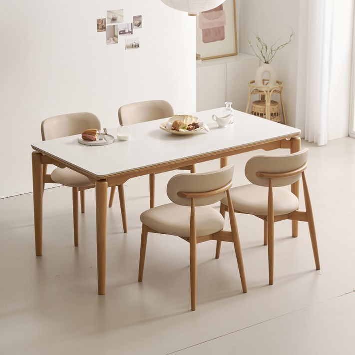 폴인퍼니 시에나 포세린 세라믹 식탁 1600  의자 4p 세트 4인용 방문설치, 내추럴프레임, 화이트상판, 아이보리의자, 일반의자 4