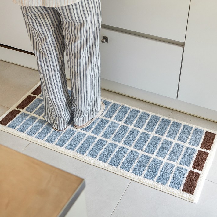 쁘리엘르 보들보들 자카드 미끄럼방지 키친 욕실 발매트, 인블루