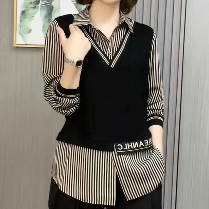 아뗄릭 여성용 투인원 스트라이프 카라넥 셔츠 11009