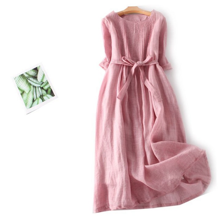 POMTOR 안감있는 상큼한 여성 여름 7부소매 순색 라운드 면마 원피스