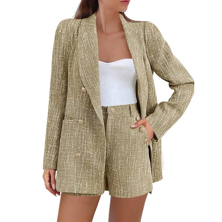시시벨 여성 2피스 트위드 블 반바지 세트 긴팔 더블 가슴 정장 재킷 비즈니스 의상