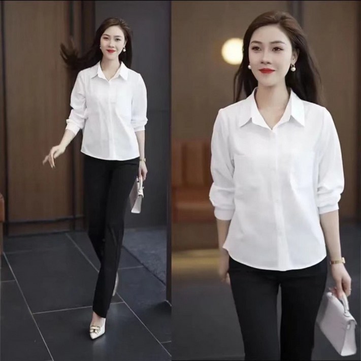 해피유통 여성 출근룩 기본핏 화이트 셔츠 긴팔 셔츠형 블라우스 클래식 카라 슬림핏XG13 해피유통 여성 출근룩 기본핏 화이트 셔츠 긴팔 셔츠형 블라우스 클래식 카라 슬림핏XG13