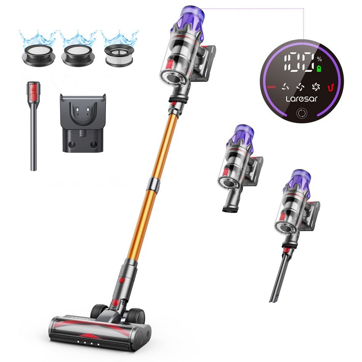 Laresar 무선 진공 청소기 500W 50KPA 흡입력 휴대용 스마트 가전 먼지 컵 탈착식 배터리 스마트 터치 스크린, 자색노란색